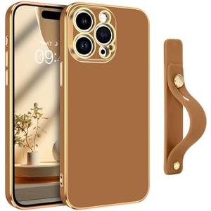 GUAGUA for iPhone 15 Pro Case 6.1 Inch with Wrist Strap Slim Soft Electroplated TPU iPhone 15 Pro Phone Case Shockproof Protective Adjustable Wristband Kickstand Case for iPhone 15 Pro, Coffee Brown