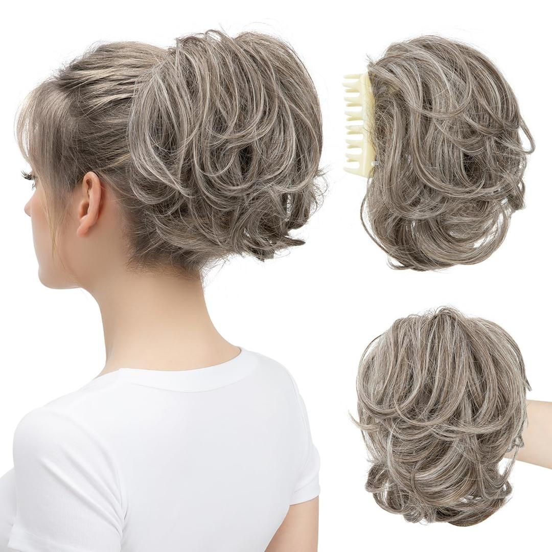 Claw Clip Short Ponytail Messy Bun Hair Piece Bendable Hair Branch Extensions Fluffy Wavy Curly Synthetic Versatile Ash Grey Hairpieces (Ash Grey)