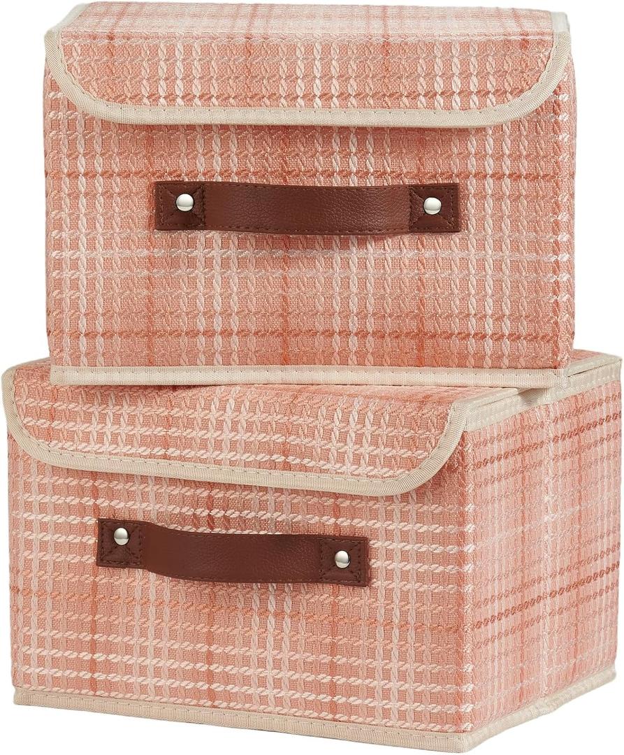 2PCS Storage Boxes with Lid 3D Textured Fabric Storage Bins Closet Organizer Containers Decorative Collapsible Washable Shelf Baskets with Faux Leather Handles (Light Salmon, Small Size)