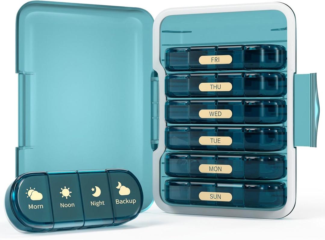 Codcaw Weekly Pill Organizer 4 Times a Day, 7 Day Pill Box 4X, Portable for Travel Pill Case for Pills/ Vitamin/ Fish Oil/ Medication/ Supplements (4x7 Blue)