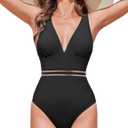 AI'MAGE One Piece Swimsuit Women 2025 Sexy Mesh Tummy Control Bathing Suits Swim Suit Deep V Neck Swimwear (Large, Black)