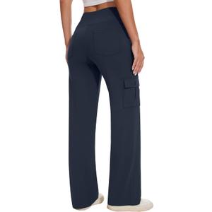 Yoga Cargo Pants Women Wide Leg Pants with Pockets High Waist Stretch Dress Casual Business Work Travel Pants (Medium, Navy)