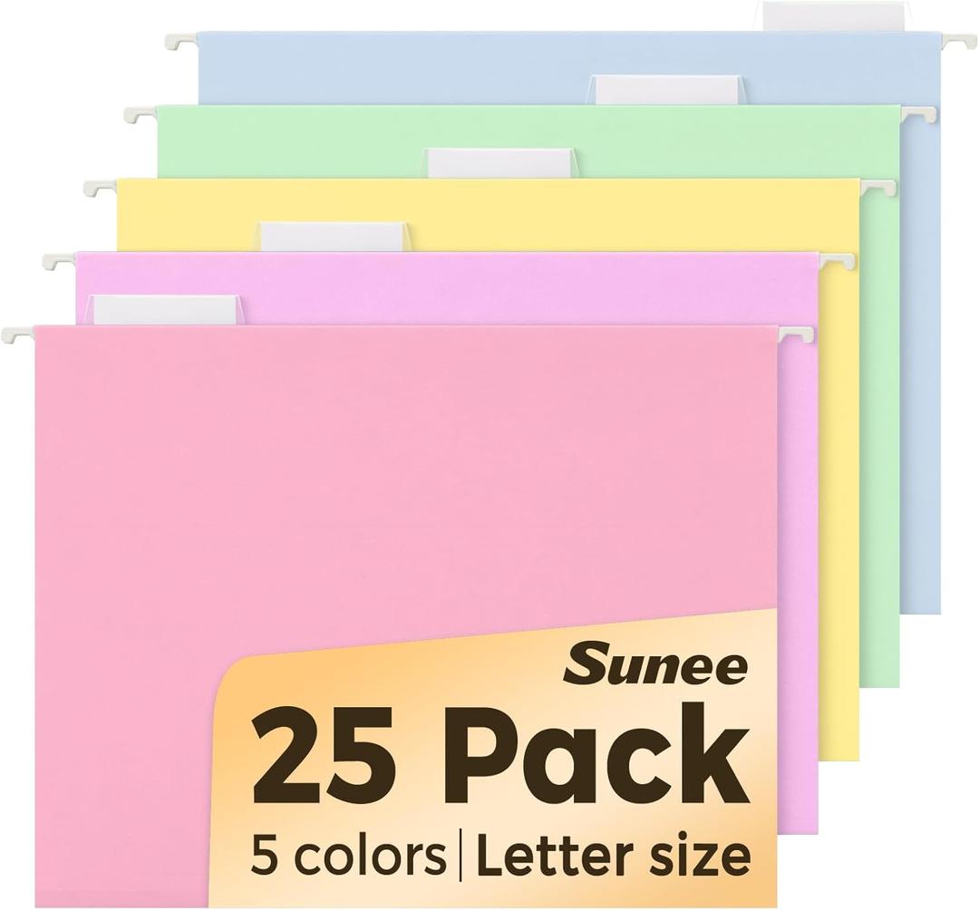 SUNEE 25 Pack Hanging File Folders, Bright Folders, Hanging File Folders Letter Size with 1/5-cut Tabs, Stay Organized for Your Home and Office Bulk File and Documents (Soft Colors)