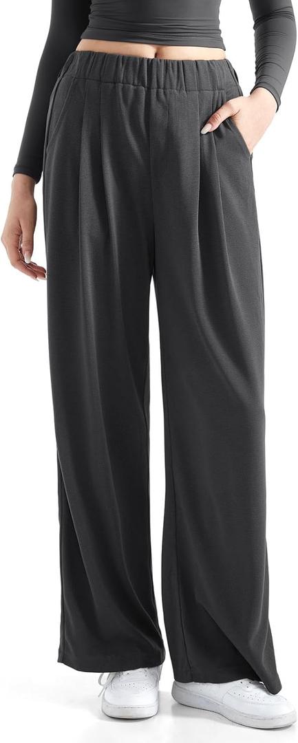 SUUKSESS Women Wide Leg Pants Elastic High Waisted Work Pants Flowy Palazzo Pants (Pink, L)