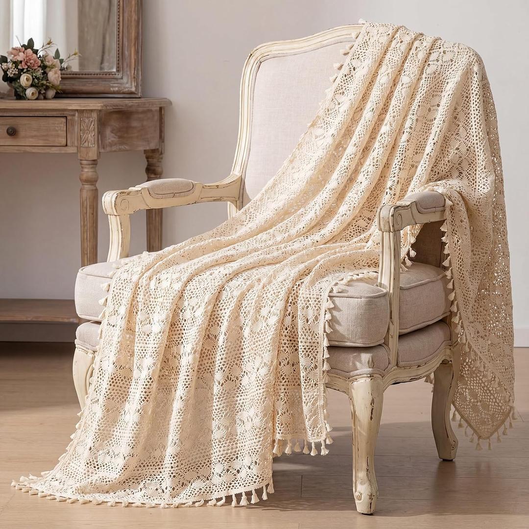 Tegeme Boho Throw Blanket 50"x60" Vintage 100% Handmade Crochet Cotton Throw Blankets, Lightweight Lace Knit for Couch, Bed Decor, Boho Photo Prop, Warm Gifts for Women