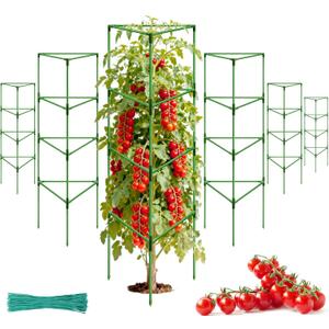 Halatool 6 Pack Heavy Duty Tomato Cages, 57 Inch Tall Metal Plant Supports Stakes for Outdoor Garden, Adjustable Foldable Steel Trellis for Climbing Plants Cucumbers Peppers Flowers Vegetables Fruits