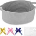 COMSE Small Woven Basket with Gift Bags and Ribbons, Gift Basket Empty, Cotton Rope Storage Organizer, Baby Toy Box with Handles, 12" x 8" x 5", Cool Gray