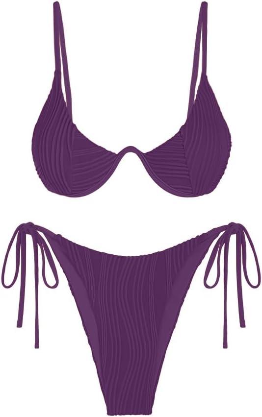 ZAFUL Women's Bikini Sets Ribbed Two Piece Swimsuits Underwire Adjustable Back Clasp Bathing Suit Side Tie Thong Swimwear (Small, Deep Purple)