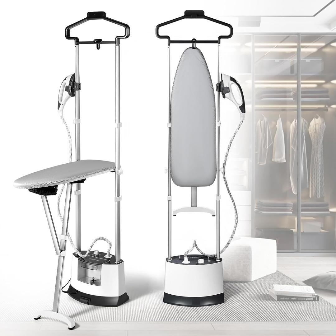 CGOLDENWALL Standing Garment Steamer for Clothes with Flat & Hanging Iron Options: Quick 25s Heat-Up for Continuous 1-Hour Powerful Steam, Including Ironing Board, Fabric Brush and Ironing Gloves