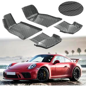 IKABEVEM Carbon Fiber Pattern Floor Mats Custom Fit for Porsche 911 2019-2025 2026 (992) All Weather 1st & 2nd Row Silver, 4-pc