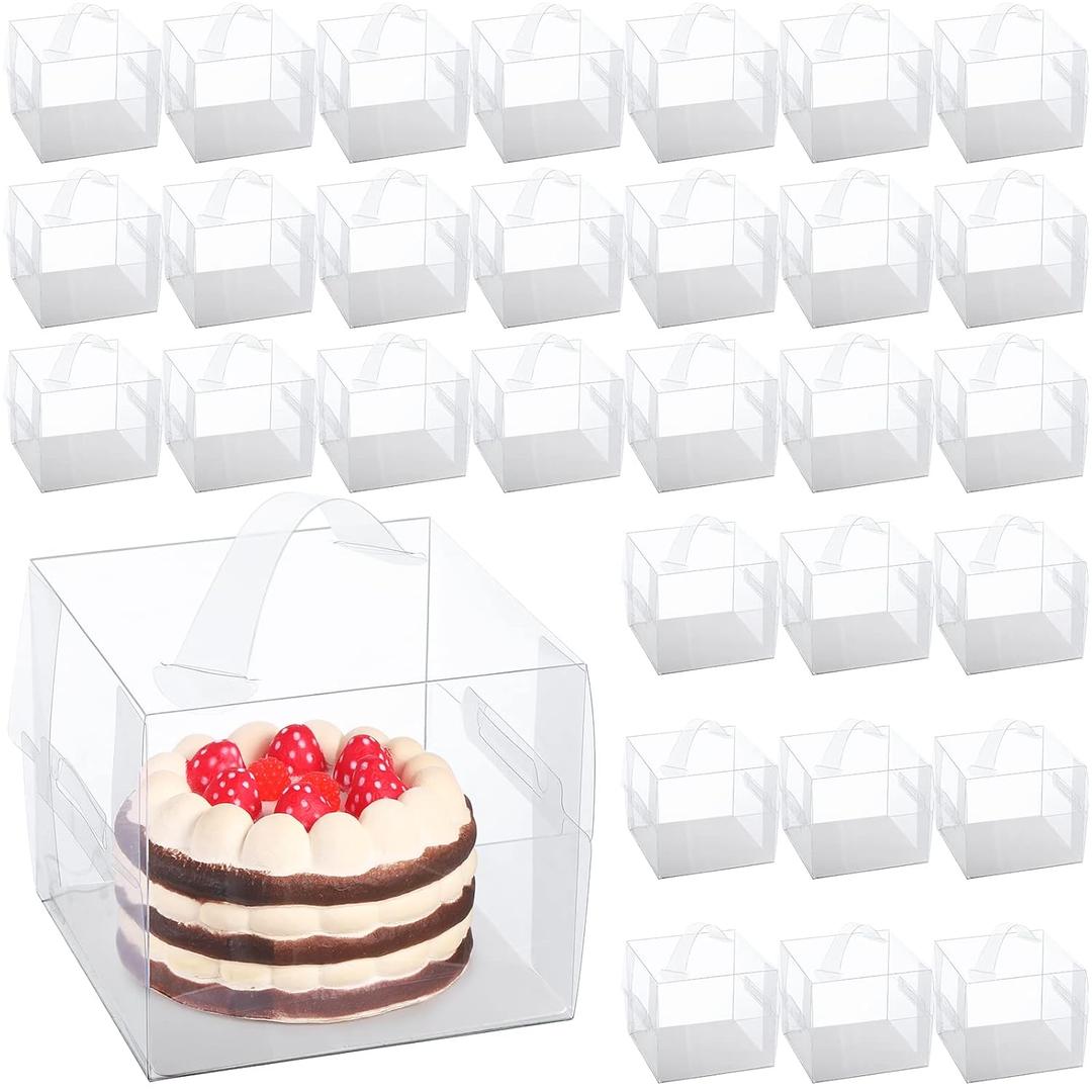 LOYIM 32 Pcs 6x6x5 Inch Clear Cake Box Easter Treat Box with Handles Transparent Bakery Boxes Mini Cupcake Carrier with Lid Plastic Gift Containers for Easter Cake Chocolate Dessert Birthday Party