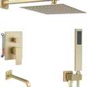 Brushed Gold Shower System with Tub Spout Wall Mounted Tub Shower Faucet Set for Bathroom with High Pressure 10" Rain Shower head and Handheld Shower Head Set