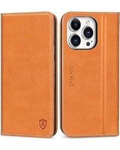 SHIELDON Case for iPhone 15 Pro 5G 6.1", Genuine Leather Wallet Flip Cover RFID Blocking Card Slots Magnetic Closure Shock-Absorbent Case Compatible with iPhone 15 Pro 2023