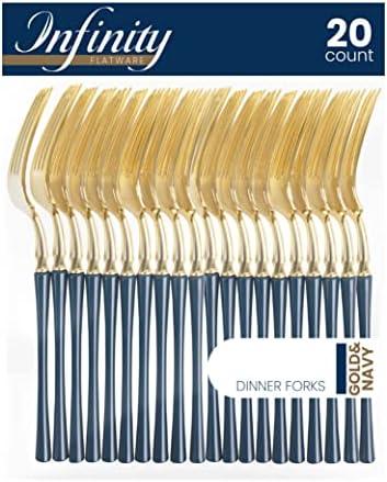 PlasticPro 20 Count Gold and Navy Plastic Dinner Forks Premium Quality Heavy Duty Disposable Elegant Silverware Two Tone Forks for Party