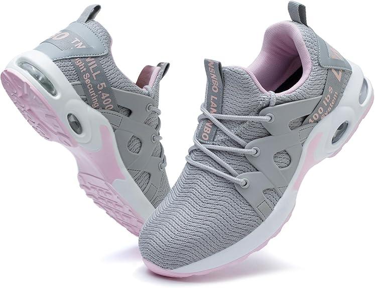 LANSNBO Steel Toe Shoes for Women Indestructible Safety Work Shoes Air Cushion Lightweight Breathable Utility Sneakers Puncture Proof Slip Resistant Composite Toe Footwear, 9, Grey,pink