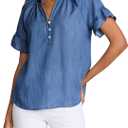Womens Short Sleeve Ruffle Blouse V Neckline Ruffled Collar Shirt Casual Blue Top (Blue, L)
