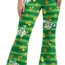 St Patricks Day Bell Bottoms Leggings for Womens, High Waisted Printed Flare Legging Plus Size Bell Bottoms Green Pants, L