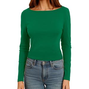 Dwnval Womens Cute Boat Neck Long Sleeve Crop Tops Soft Ribbed Knited Cropped Tees (Green, S) (S)