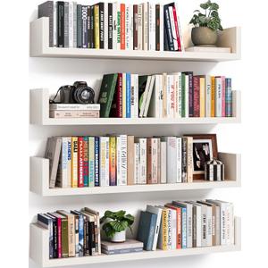 Floating Bookshelves for Wall - Wall Mounted Bookshelf Set of 4, U-Shaped Hanging Bookshelf for Bedroom, Living Room & Office, Wall Book Shelf for Home Decor & Storage (4, White, 23.63 Inches)