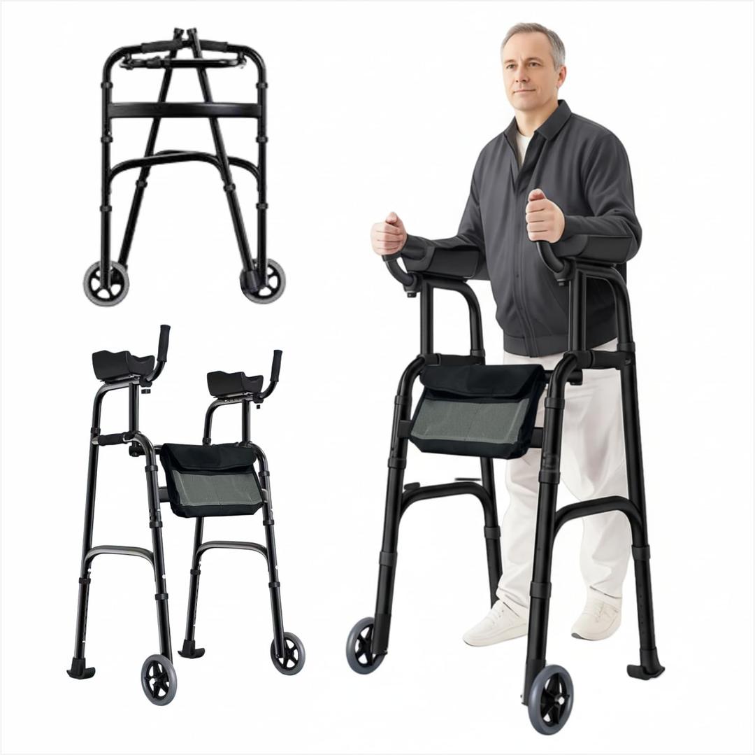 Folding Walker with Armrest Pad Upright Walker for Seniors, Standing Mobility Aid for Indoor & Outdoor, 300lb Weight Capacity, Height Adjustable (Black)