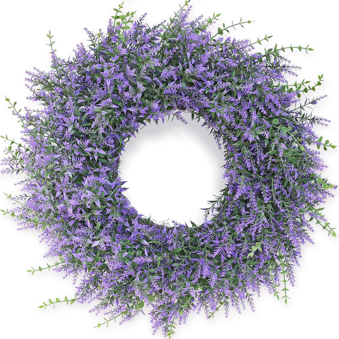 26" Lavender & Eucalyptus Wreath for Front Door, Porch, Window - Large Artificial Greenery Outdoor Wreath for Home, Farmhouse Decor - Spring, Summer, Fall, All Seasons (Purple)