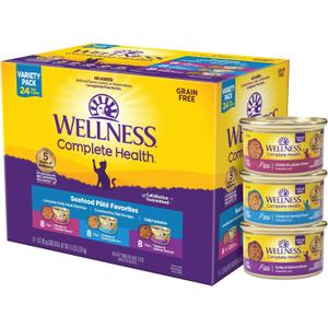 Wellness Complete Health Pate Variety Pack Adult Canned Wet Cat Food, Natural, Protein Rich, Grain Free, Seafood Favorites, 3 oz, Pack of 24 Cans (EXP 11/06/28)