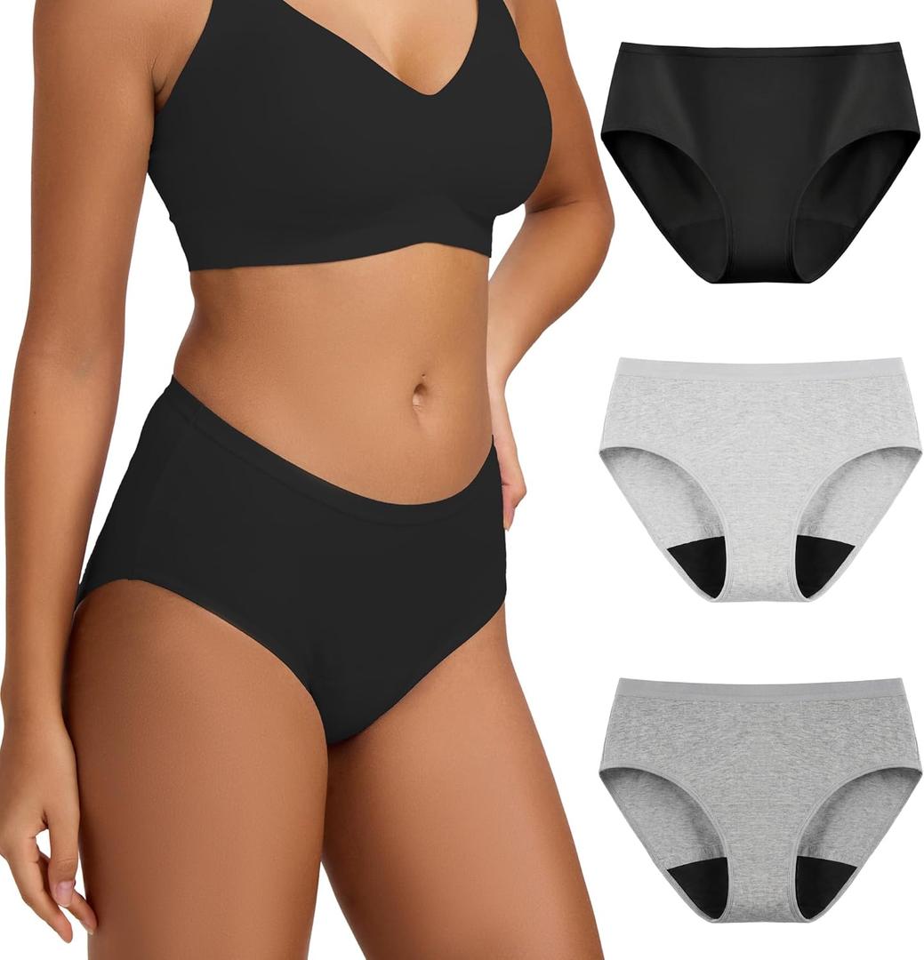 BATTEWA Cotton Incontinence Underwear for Women Odor Control Leak Proof Panties Postpartum Protective Briefs Absorbency 40ML, 3Pack (Medium, Grey-Black)