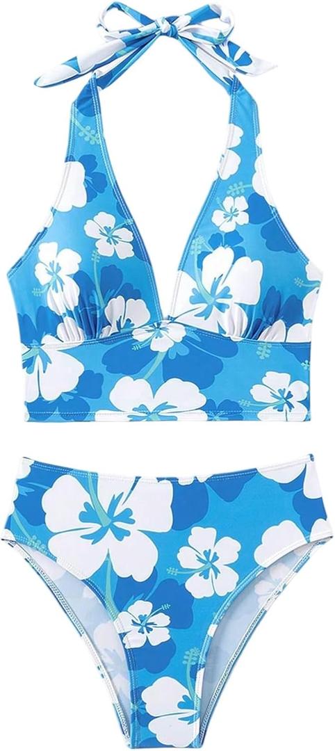 Floerns Women's Two Piece Tankini Swimsuit Floral Halter Top Beach Bathing Suit (M)