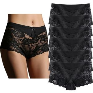 Women's Underwear Regular & Plus Size Panties Lace Boyshort Hipster Cheeky Panty- 6 Pack (Large)