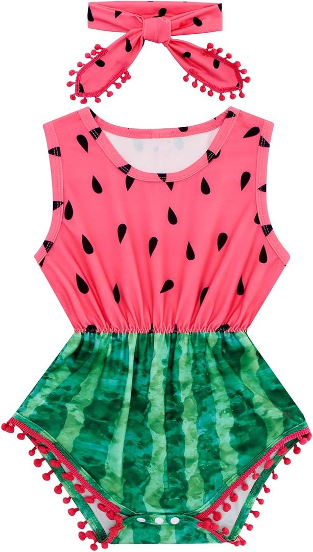 UNICOMIDEA 0-24 Months Baby Floral Romper Infant Playsuits Headband Jumpsuit Toddlers Outfits (A10-pink Green)