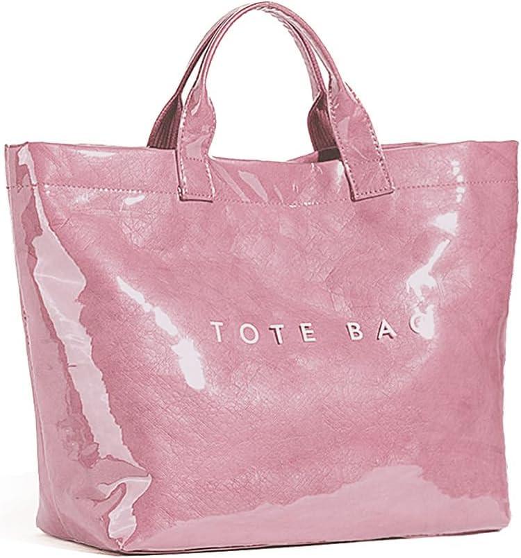 KAMEILONG Women's Large PVC Tote Bag Letters Print Handbags Paper Shoulder Bag Clear Shopping Hobo Bag (Pink)
