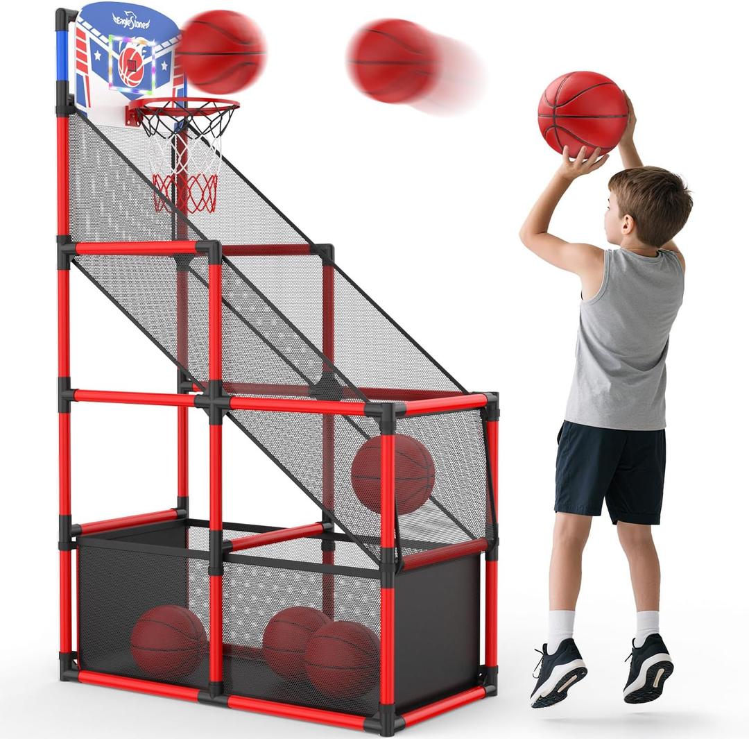 EagleStone Kids Adjustable Arcade Basketball Hoop with LED Lights & Scoreboard, 4 Balls Ball Storage Net, Indoor Outdoor Carnival Basketball Game Set for Boys & Girls Ages 3-12, Pump Included,Red Led Scoreboard