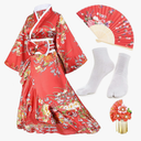 Women's Kimono Robe Geisha Yukata Sweet Tuxedo Ruffle Dress Blossom Satin Bathrobe Sleepwear Fans Tabi Socks Set, size -5XL