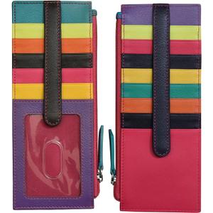 ili New York Long Double Sided Slim Wallet, RFID Blocking Card Holder with ID Window and Side Zip Pocket for Men and Women, Black Brights