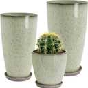 Neoaider 24/21/12 Inch Large Plastic Planter, Lightweight Ceramic-Look Tall Planters with Drain Hole & Saucers, Tall Plastic Planters for Porch, Garden, Patio, Balcony(Drip Glaze)