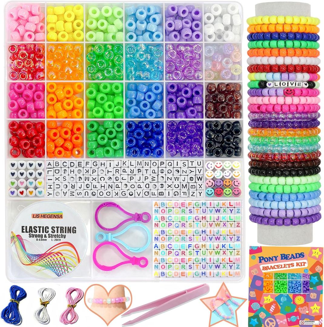 LIS HEGENSA Pony Beads Bulk,Kandi Beads for Necklace Jewelry Making Hair Braiding,Bracelets Making Kits,Hair Bead,Bracelet Plastic Bead for Crafts Braids Girls(24 Color,1000PCS)