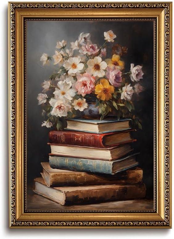 XJYISUO Vintage Gold Framed Wall Art Moody Floral Canvas Wall Art Dark Academia Cottage Room Decor Classic Still Life Books Art Prints for Bedroom Living Room Study, 24"L x 16"W