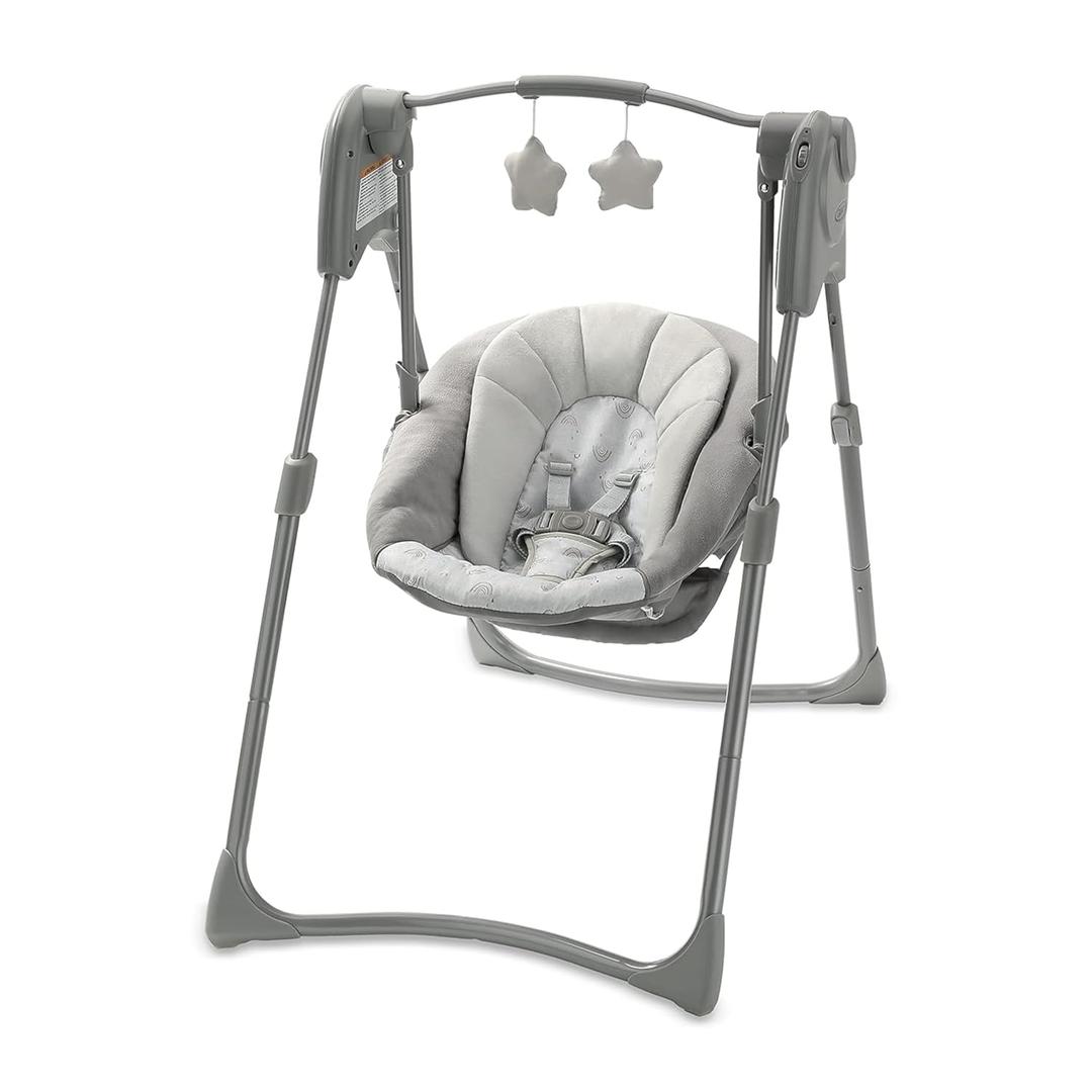 Graco Slim Spaces Compact Baby Swing, Space Saving Portable Bay Swing with Height Adjustable Legs & Soft Toys, Reign