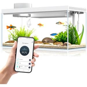 Smart Desktop Aquarium Kit with App Control - 1.3 Gal Small Fish Tank with Automatic Feeder, HD Glass, RGB Lighting, & Temperature Monitor - Self-Cleaning Filtration System for Betta, Guppy