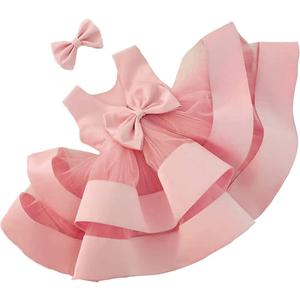 3M-6T Toddler Girl Bowknot Backless Tutu Gown Ruffle Lace Tulle Dress Baby Party Dresses with Headwear (Pink, Small)