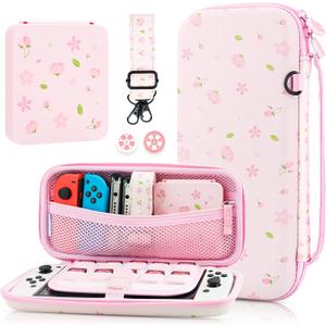 GLDRAM Pink Sakura Carrying Case Bundle for Nintendo Switch & OLED, Elegant Switch Travel Case Protector for Girls, Accessories Kit with Shoulder Strap, Cherry Blossom Game Card Holder & Thumb Caps
