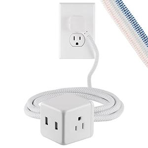 Cordinate 3-Outlet Extension Cord Cube with 2 USB Ports (2.4 AMPS), 5 Ft Braided Cord, Power Strip, Outlet Extender, Space-Saving Flat Plug, Perfect for Home or Office Decor, White, 55355