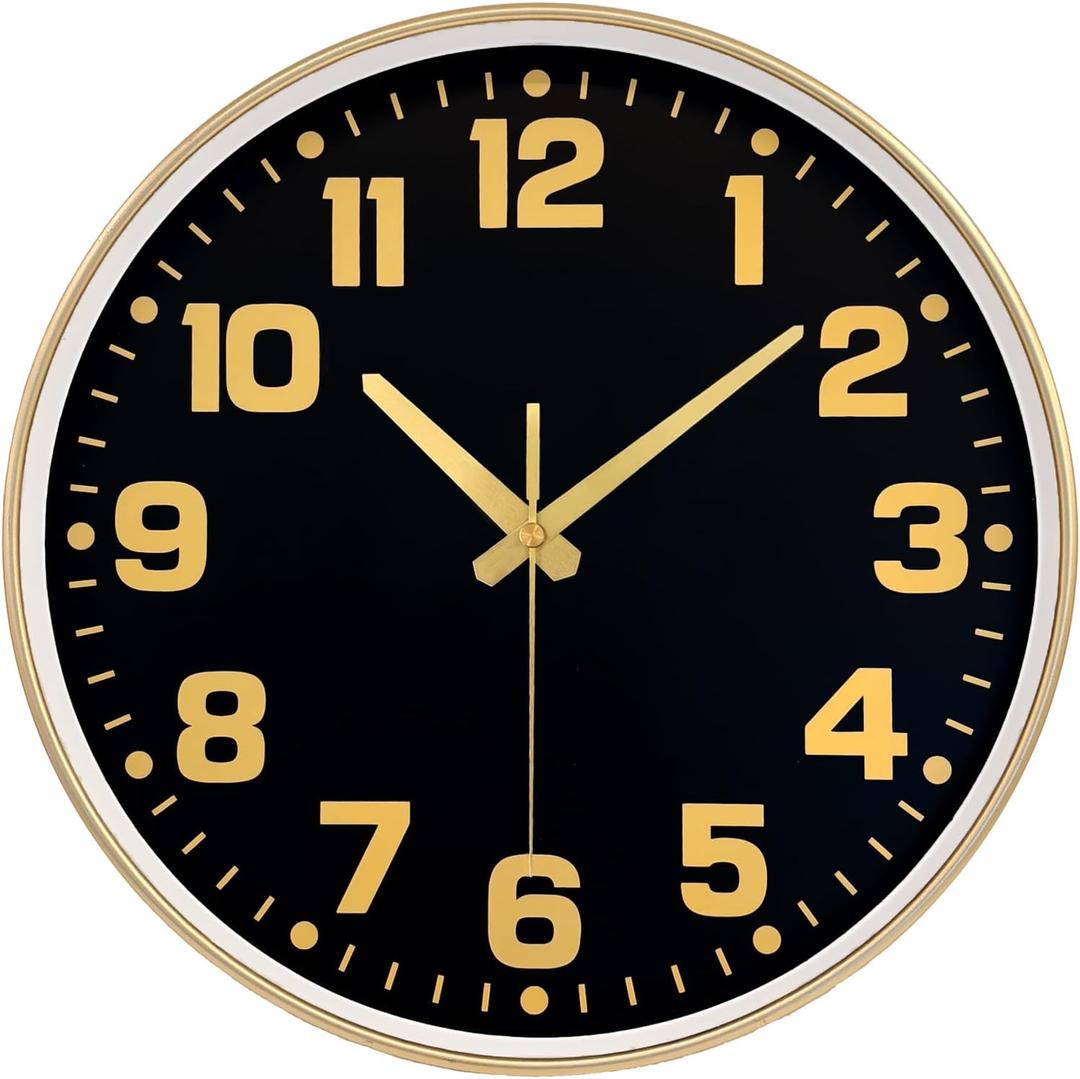 Wall Clock, 8inch Modern Silent Non-Ticking Wall Clocks Battery Operated with Large Easy-to-Read Numbers Tempered Glass, Decorative Analog Clock for Bedroom Living Room Kitchen Gym,Black Gold