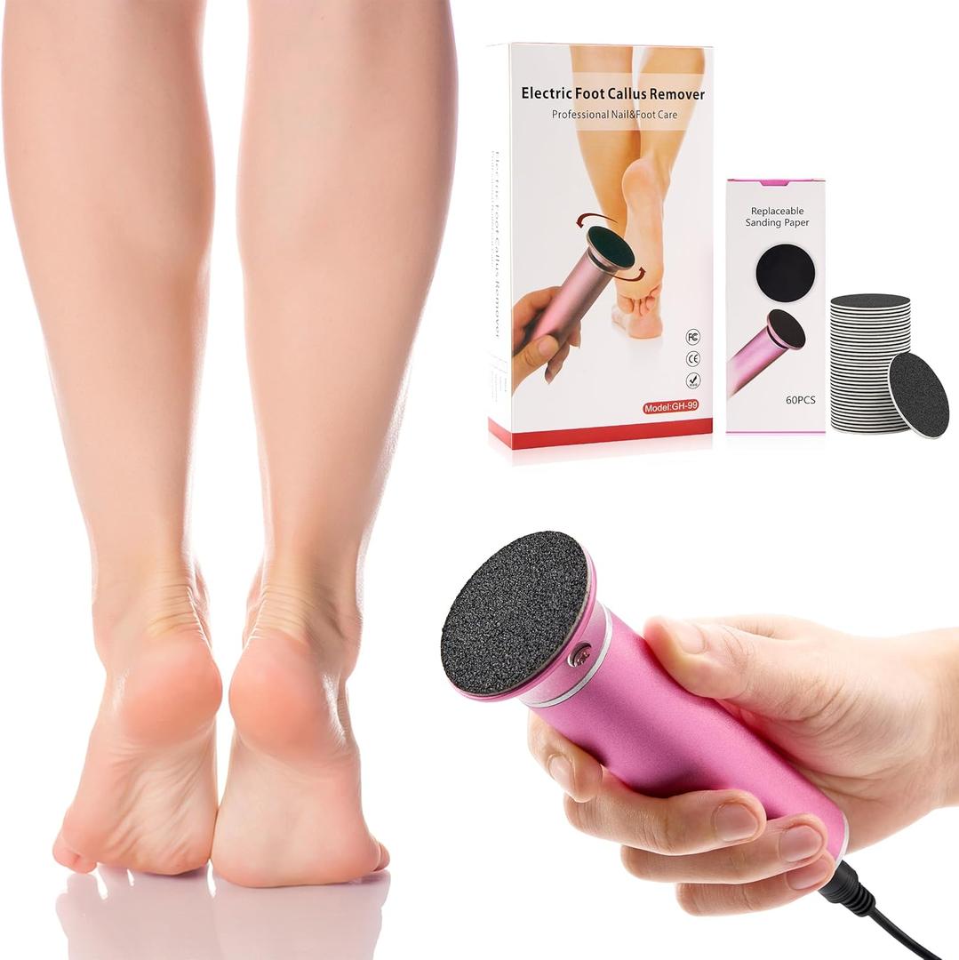 Electric Foot Callus Remover, Electric Foot Filer with 60 Pcs Replacement Sandpaper, Self-Adhesive Foot Sander with 360 Rotation, Aluminum Shell, Large Filing Area, and Adjustable Speed Controller
