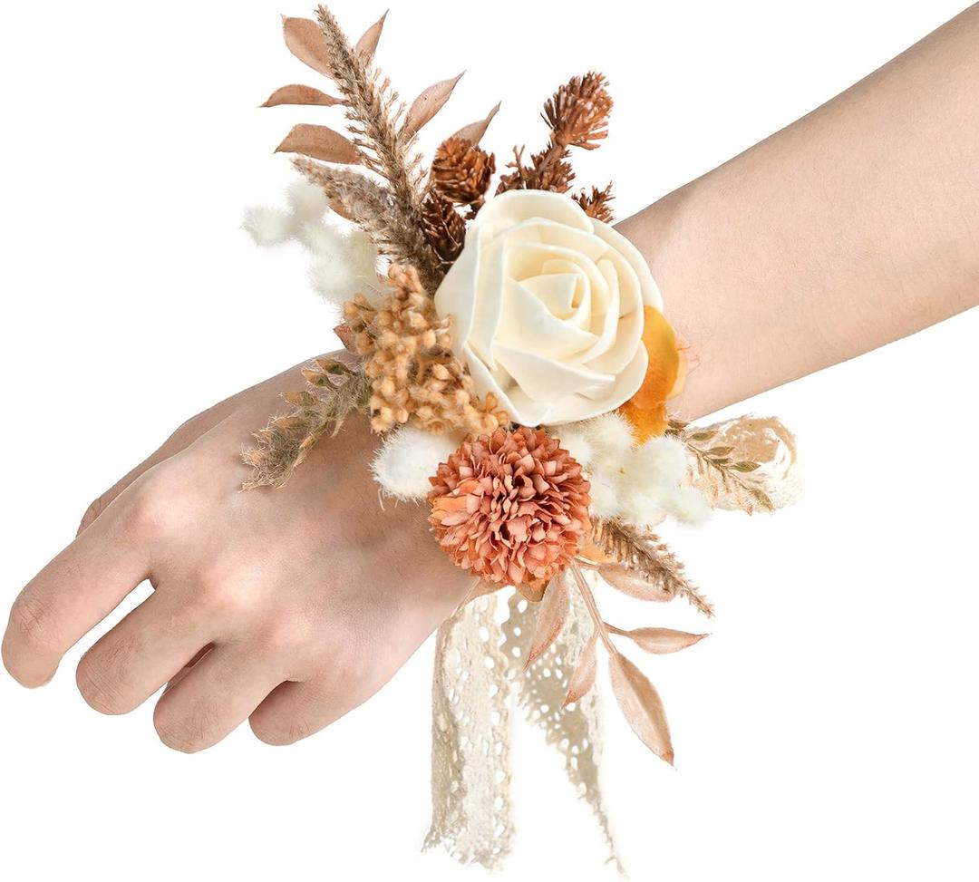 Ling's Moment 6pcs Wedding Wrist Corsage Artificial Flowers, Girl/Mother Homecoming Prom Corsages Wristlet Dcor, etc. Boho Dried Rustic
