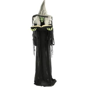 Haunted Hill Farm Life-Size Talking Witch Holding Spell Book, Halloween Animatronic with Touch Activated Lights and Sound, Poseable, Battery Operated Indoor or Covered Outdoor Halloween Decorations, 69 Inches