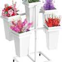 Asee'm Flower Display Stand with 5 Square Buckets Multi-tiered Metal White Flower Cart Stand with Wheels Moving Plant Stand Bar Shelf Flower Holder for Indoor Outdoor Patio Garden Florist Wedding