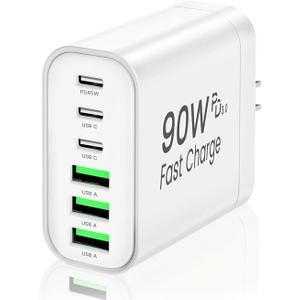 90W GaN USB C Charger Block,6-Port USB C Wall Charger Fast Charging 45W PD Power Adapter for iPhone 17Pro Max/Samsung Galaxy S24 Ultra/Tabs/MacBook Air/iPad Pro for Home Travel