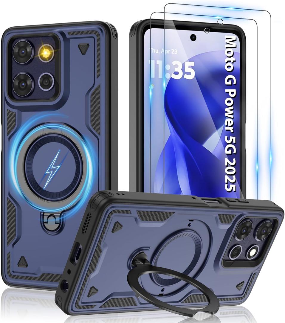 For Motorola G Power 5G 2025 Magnetic Case, Compatible with MagSafe & [HD Screen Protector2], Metal Rotated Kickstand, Military Grade Drop Proof Anti-Fingerprint Protective, Blue, G Power 5G 2025