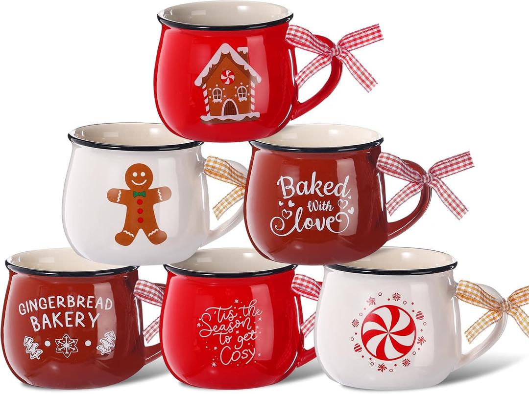 Sawysine Christmas Coffee Mugs Set of 6, 12 oz Ceramic Mug Gift Holiday Hot Cocoa for Family Mom Woman Friend Farmhouse (Chic Style)
